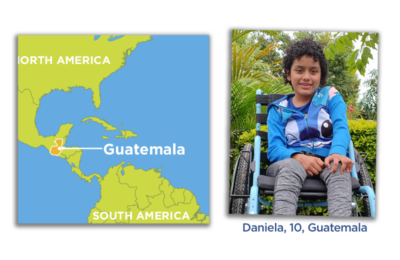 A map of Guatemala next to a photo of a 10-year-old girl in a blue wheelchair, smiling.