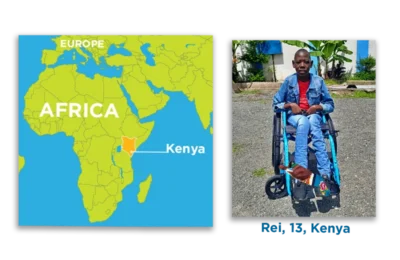 A map of Kenya, with a photo of a 13 year old boy in a wheelchair.
